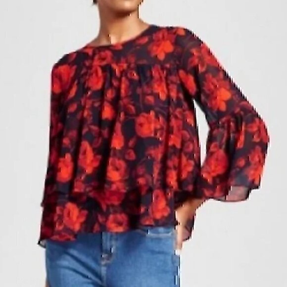 A NEW DAY Tiered Floral Blouse Navy Blue Red 3/4 Bell Sleeve Sheer / Lined Boho - Picture 4 of 12